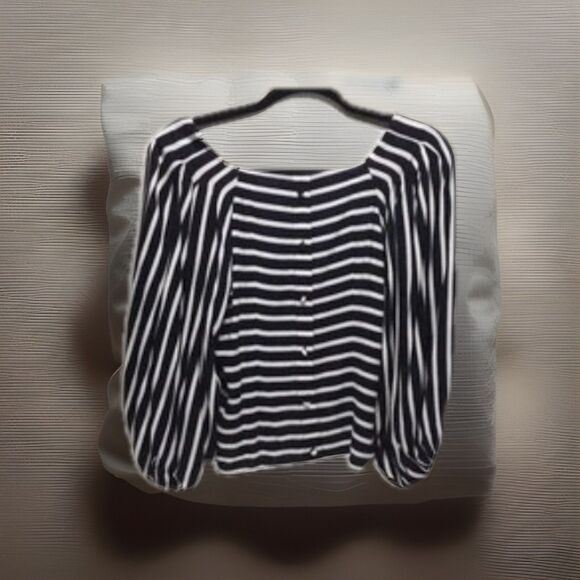 Banana Republic Blouse Women  SZ L Navy White Stripe Balloon Sleeve Top  NWT - Picture 2 of 8